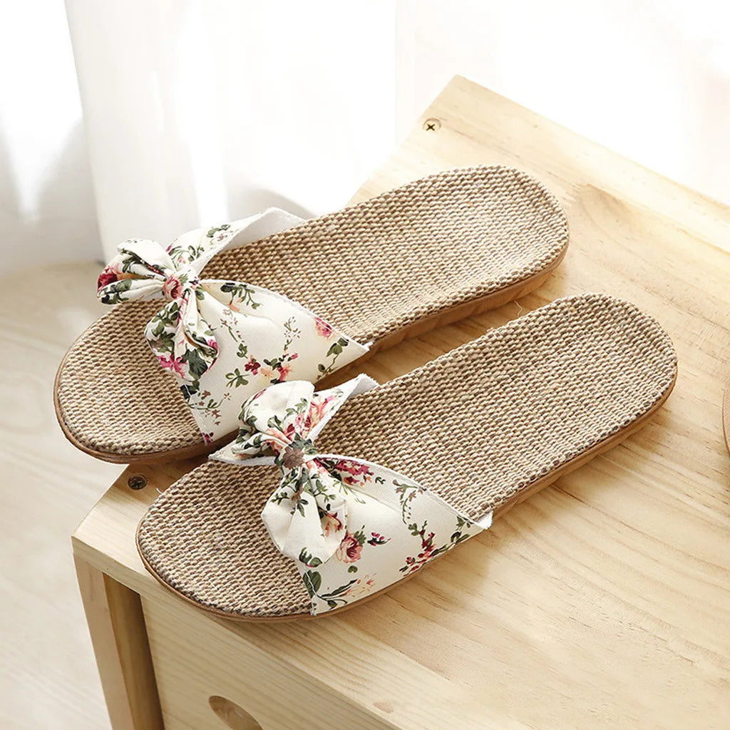 Sandalias de lino con lazo para Mujer, chanclas femeninas con lazo, zapatos de playa, 2024