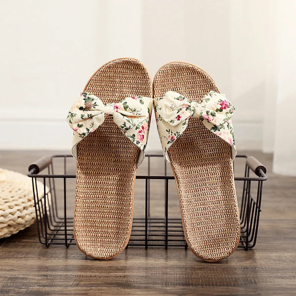 Sandalias de lino con lazo para Mujer, chanclas femeninas con lazo, zapatos de playa, 2024