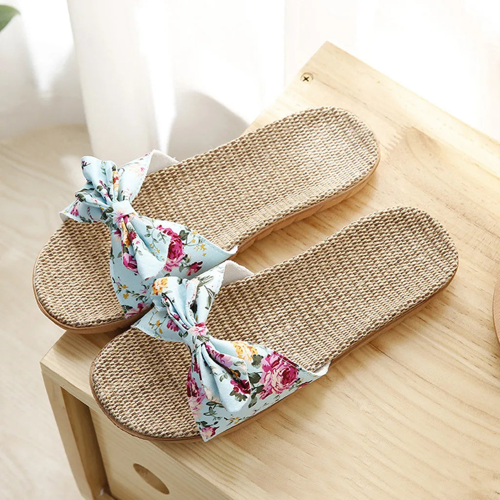 Sandalias de lino con lazo para Mujer, chanclas femeninas con lazo, zapatos de playa, 2024