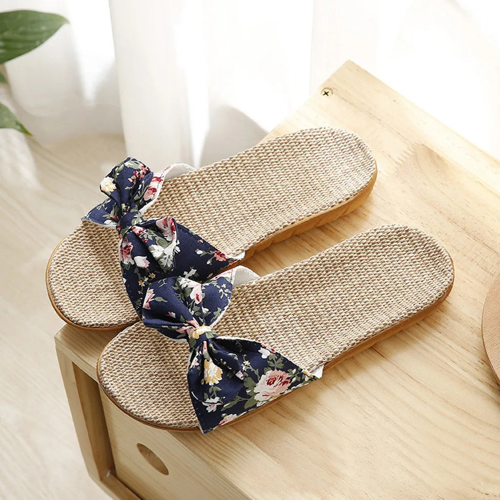 Sandalias de lino con lazo para Mujer, chanclas femeninas con lazo, zapatos de playa, 2024