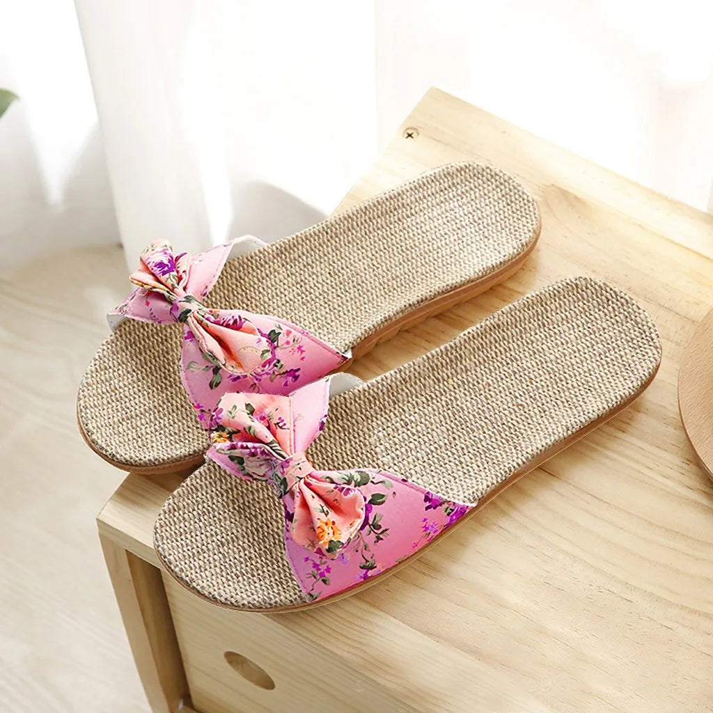 Sandalias de lino con lazo para Mujer, chanclas femeninas con lazo, zapatos de playa, 2024