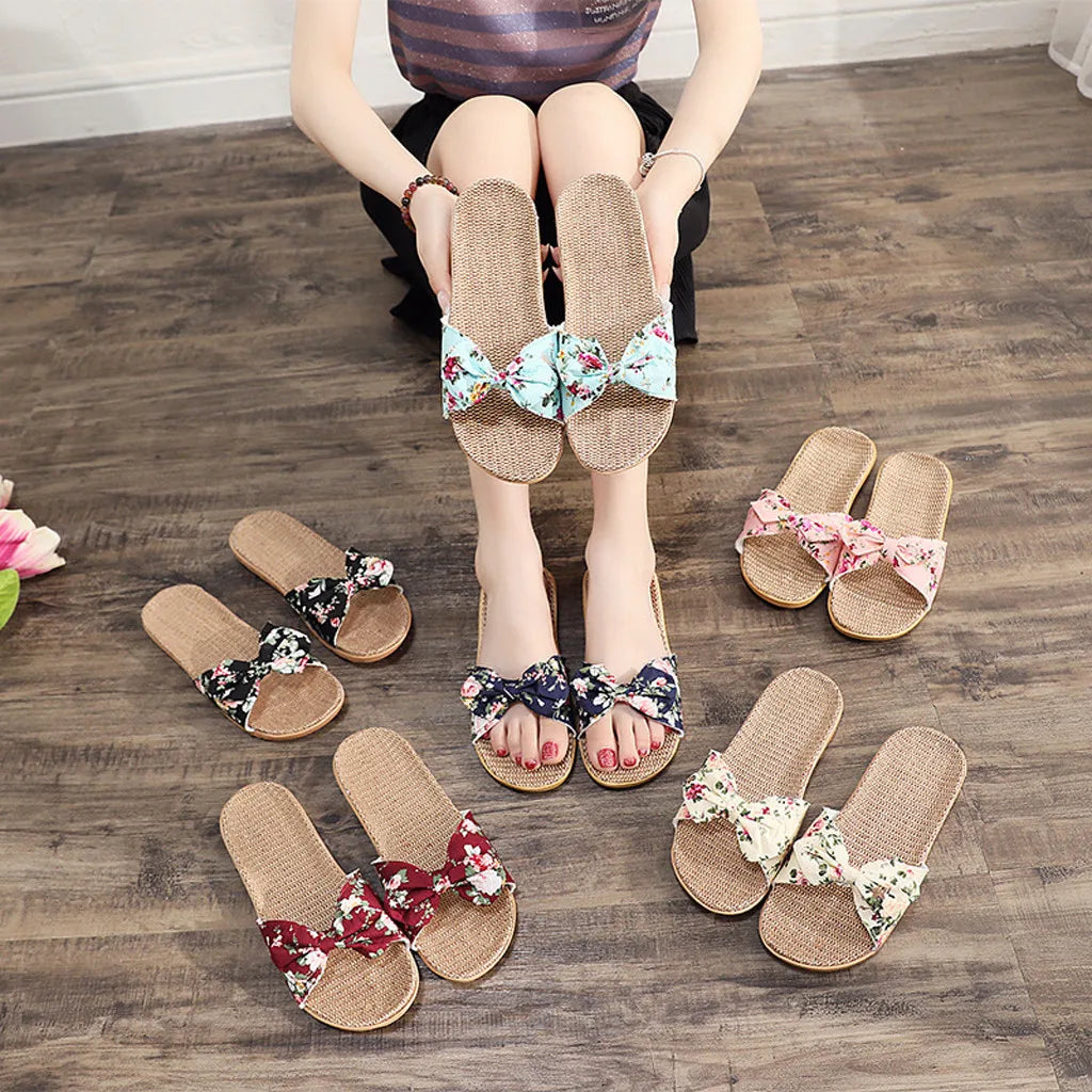Sandalias de lino con lazo para Mujer, chanclas femeninas con lazo, zapatos de playa, 2024
