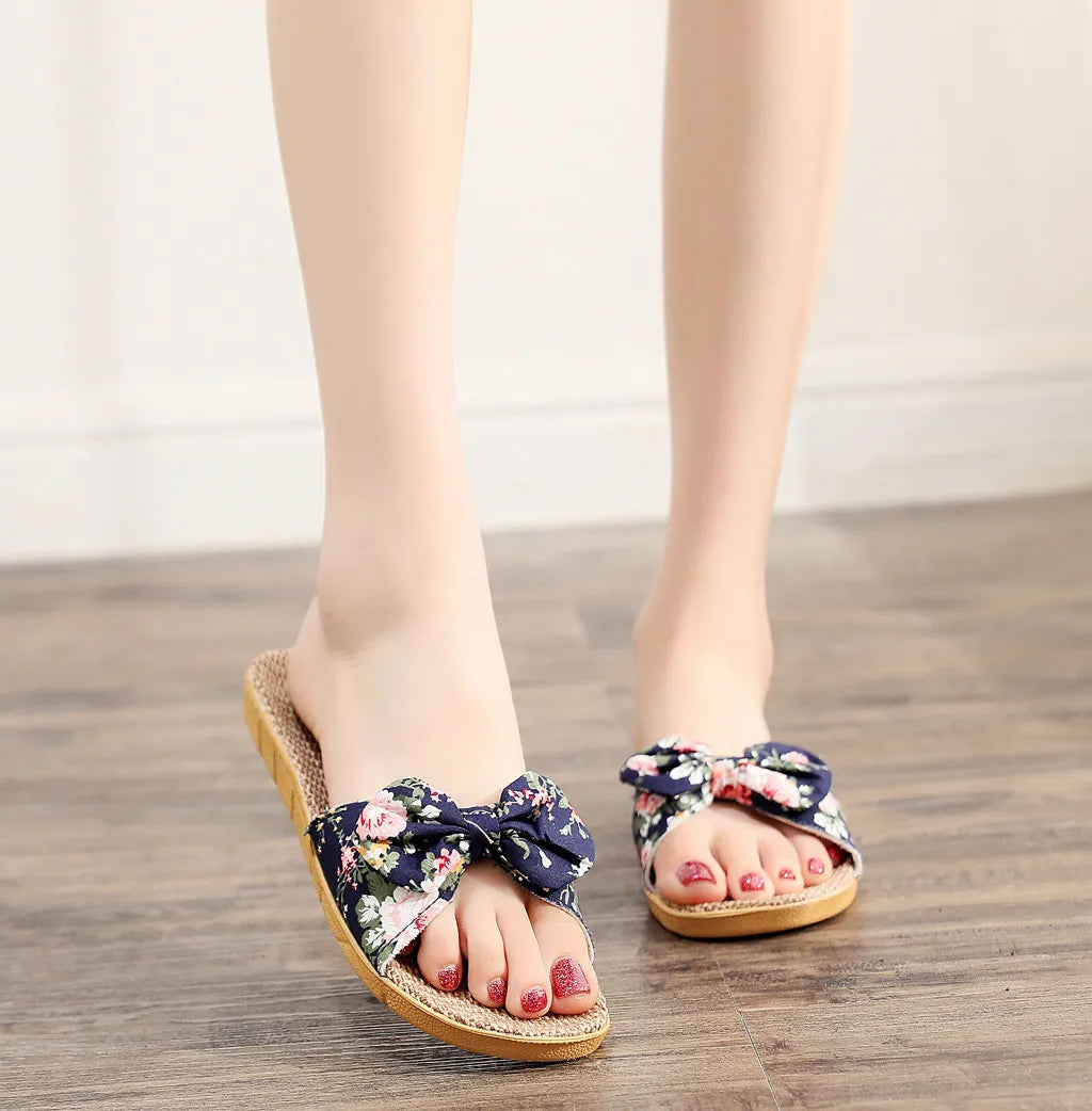 Sandalias de lino con lazo para Mujer, chanclas femeninas con lazo, zapatos de playa, 2024