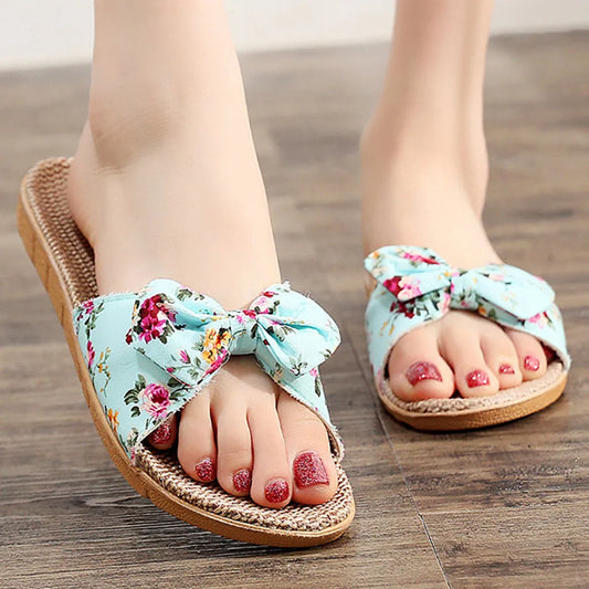 Sandalias de lino con lazo para Mujer, chanclas femeninas con lazo, zapatos de playa, 2024
