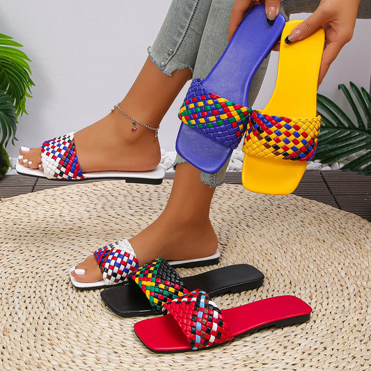 Zapatillas de mujer, moda de verano, mulas de playa, Zapatillas de casa informales para interiores, venta de Sandalias planas sexis trenzadas con punta cuadrada, diapositivas para mujer
