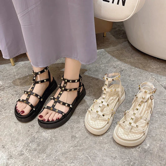 Sandalias de Punta abierta con remaches para Mujer, Zapatos informales de plataforma, color liso, a la venta, para verano, 2024
